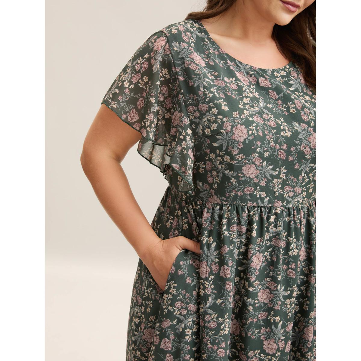 Plus Size Chiffon Floral Print Ruffled Midi Dress Greenbean Women Romantic Ruffles Round Neck Short sleeve Curvy BloomChic 18-20/2X Product Image