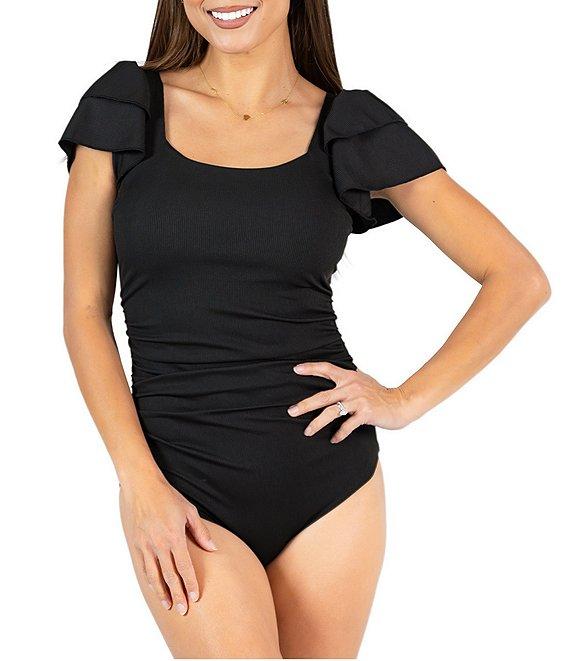 Janela Bay Black Ribbed Double Ruffle Sleeves Square Neck One Piece Swimsuit Product Image