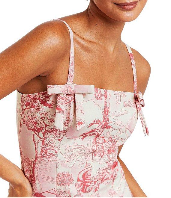 Mestiza New York Calista Toile Printed Stretch Crepe Micro Bow Sleeveless Midi Fit and Flare Dress Product Image