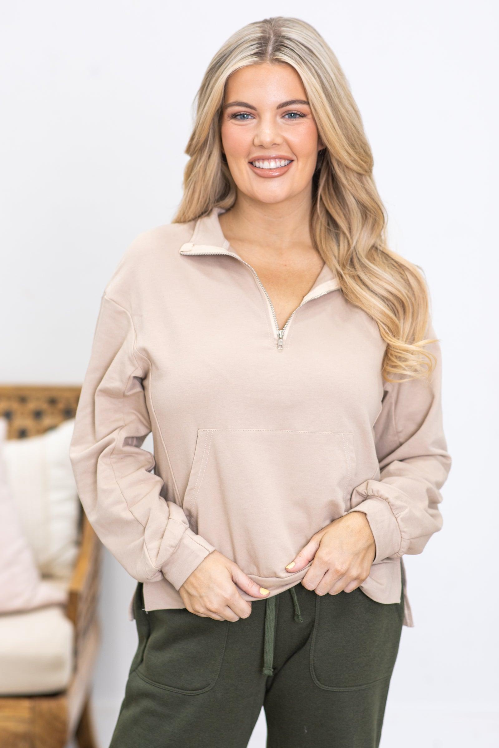 Beige Kangaroo Pocket Half-Zip Up Top Product Image