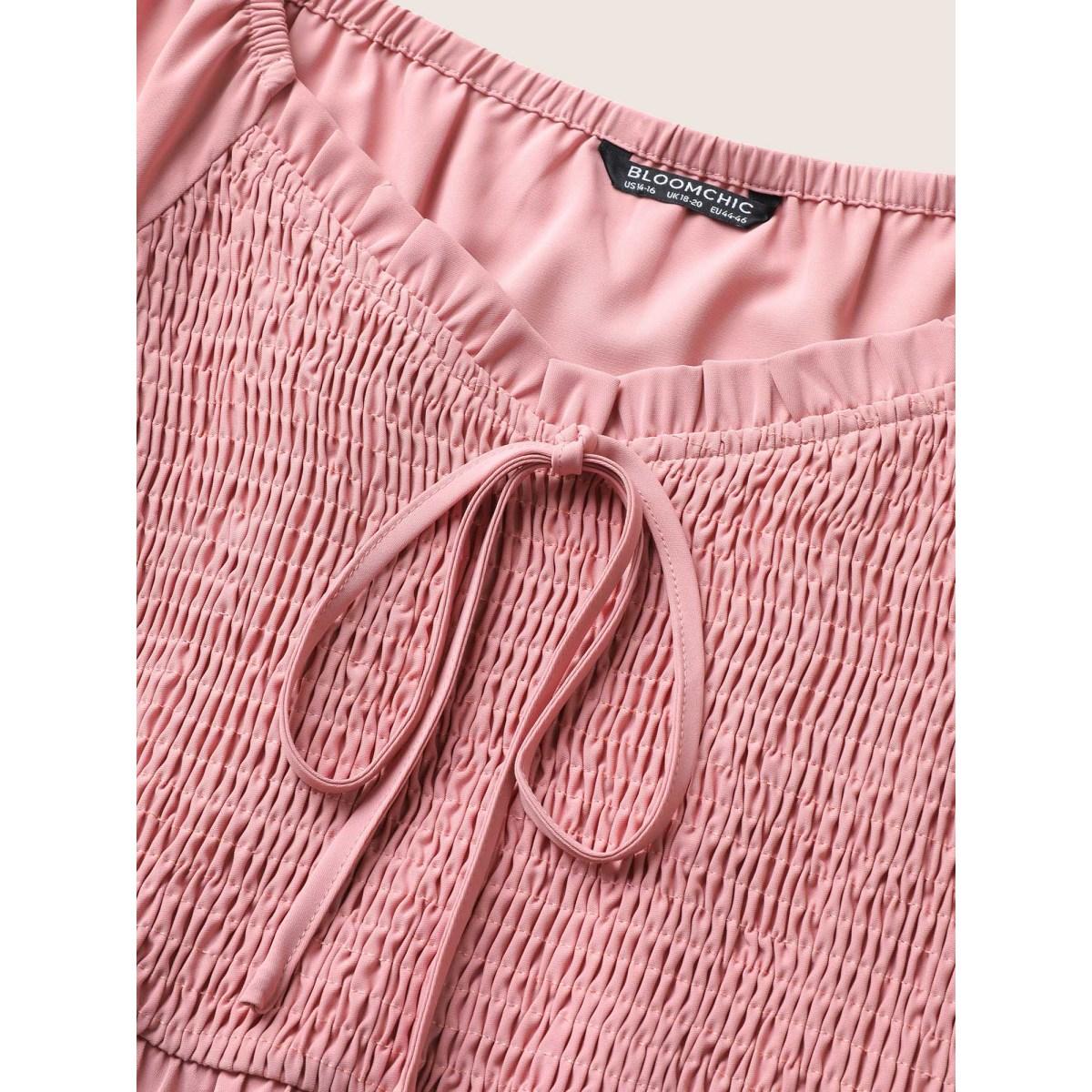 Plus Size Square Neck Shirred Elastic Waist Ties Dress Watermelon Women Elegant Non Square Neck Short sleeve Curvy Midi Dress BloomChic 12/L Product Image