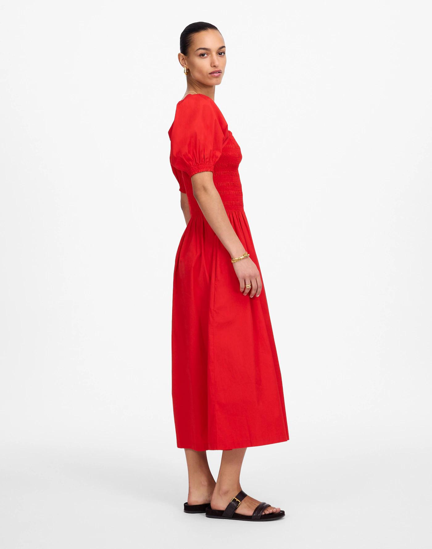 Smocked Puff Sleeve Midi Dress in Poplin Product Image