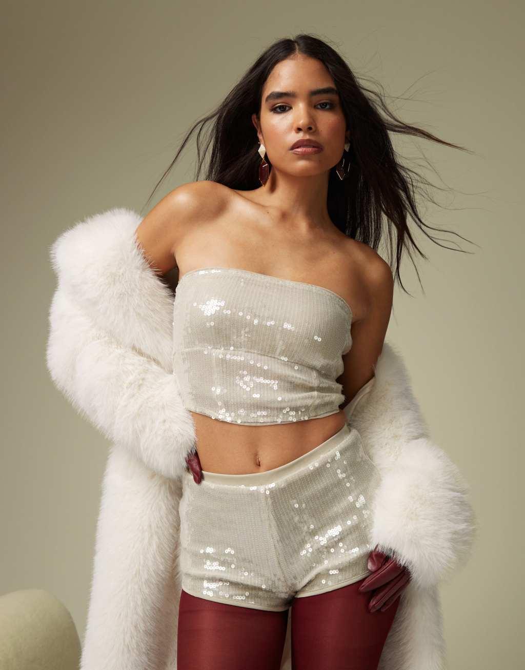 ASOS DESIGN sequin hot pant shorts in stone Product Image