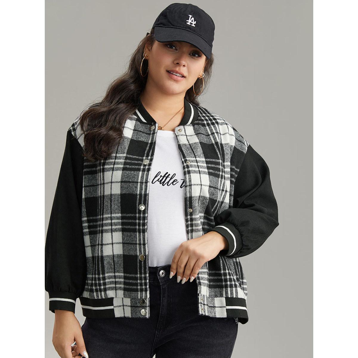 Plus Size Plaid Button Through Pocket Baseball Collar Bomber Jacket Women Black Elastic cuffs Pocket Dailywear Jackets BloomChic 12/L Product Image