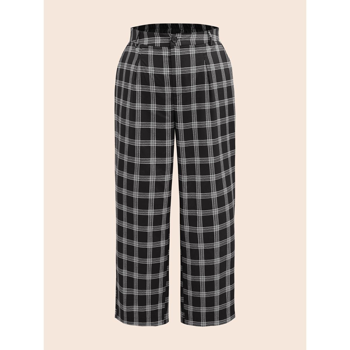 Plus Size Plaid Mid Rise Wide Leg Pants Women Black At the Office Wide Leg Mid Rise Work Pants BloomChic 26/4X Product Image