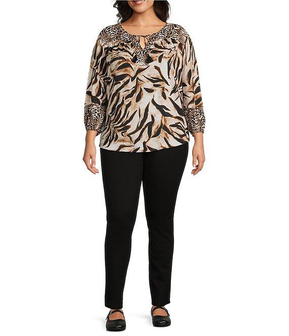 Westbound Plus Size Woven Mocha Sandy Leopard 3/4 Sleeve V-Neck Tie Blouse Product Image