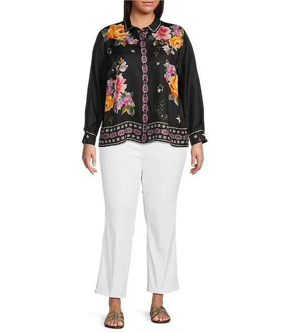 JOHNNY WAS Plus Size Placement Floral and Border Print Point Collar Long Sleeve Button Front Shirt Product Image