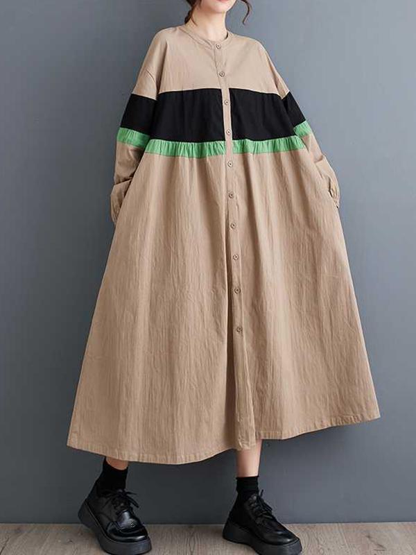Long Sleeves Loose Buttoned Contrast Color Elasticity Split-Joint Round-neck Midi Dresses Product Image