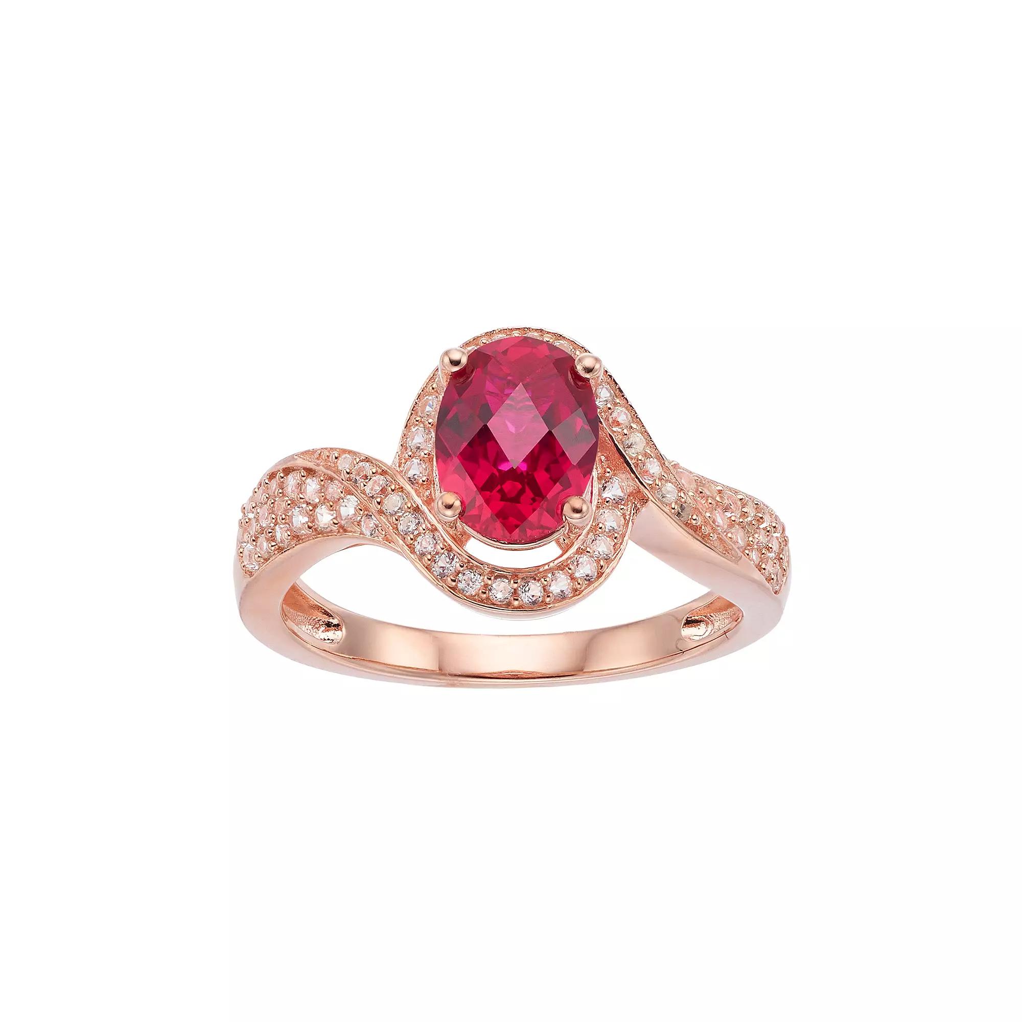 14k Rose Gold Over Silver Lab-Created Ruby & White Sapphire Halo Ring, Women's, Size: 7, Pink Tone Product Image
