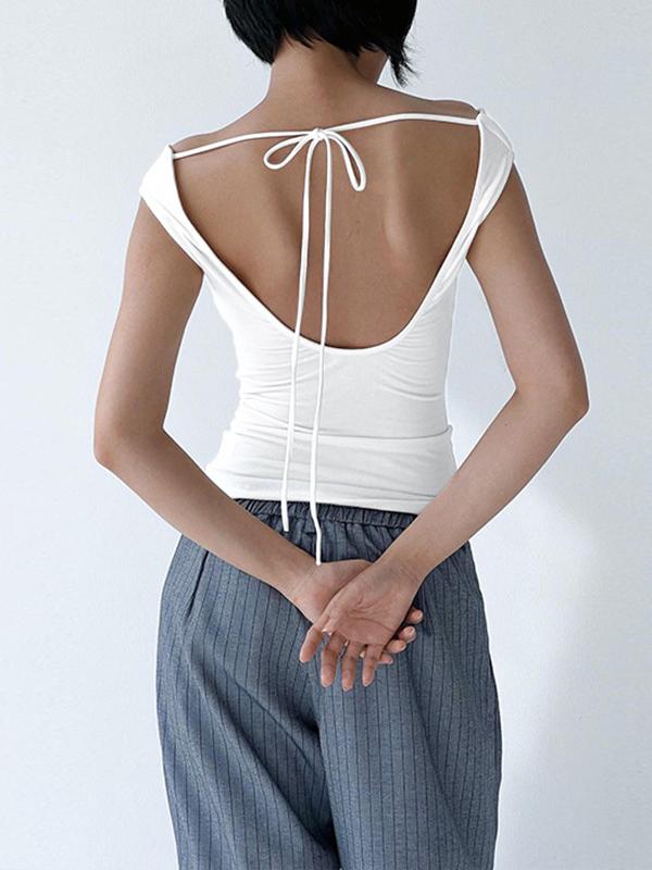 Skinny Sleeveless Backless Solid Color Split-Joint Tied Off-The-Shoulder T-Shirts Tops Product Image