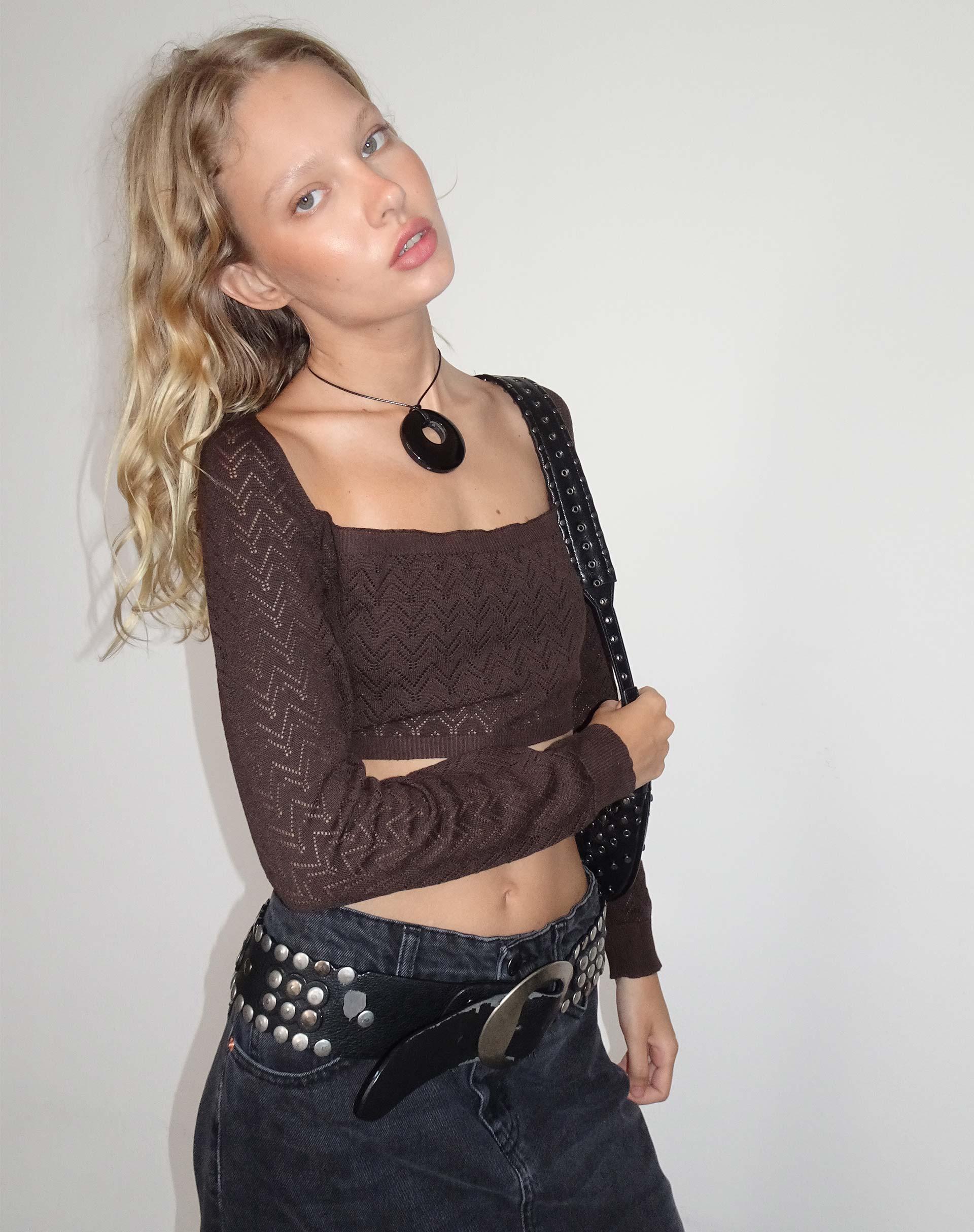 Calum Long Sleeve Top in Lightweight Pointelle Coffee Product Image