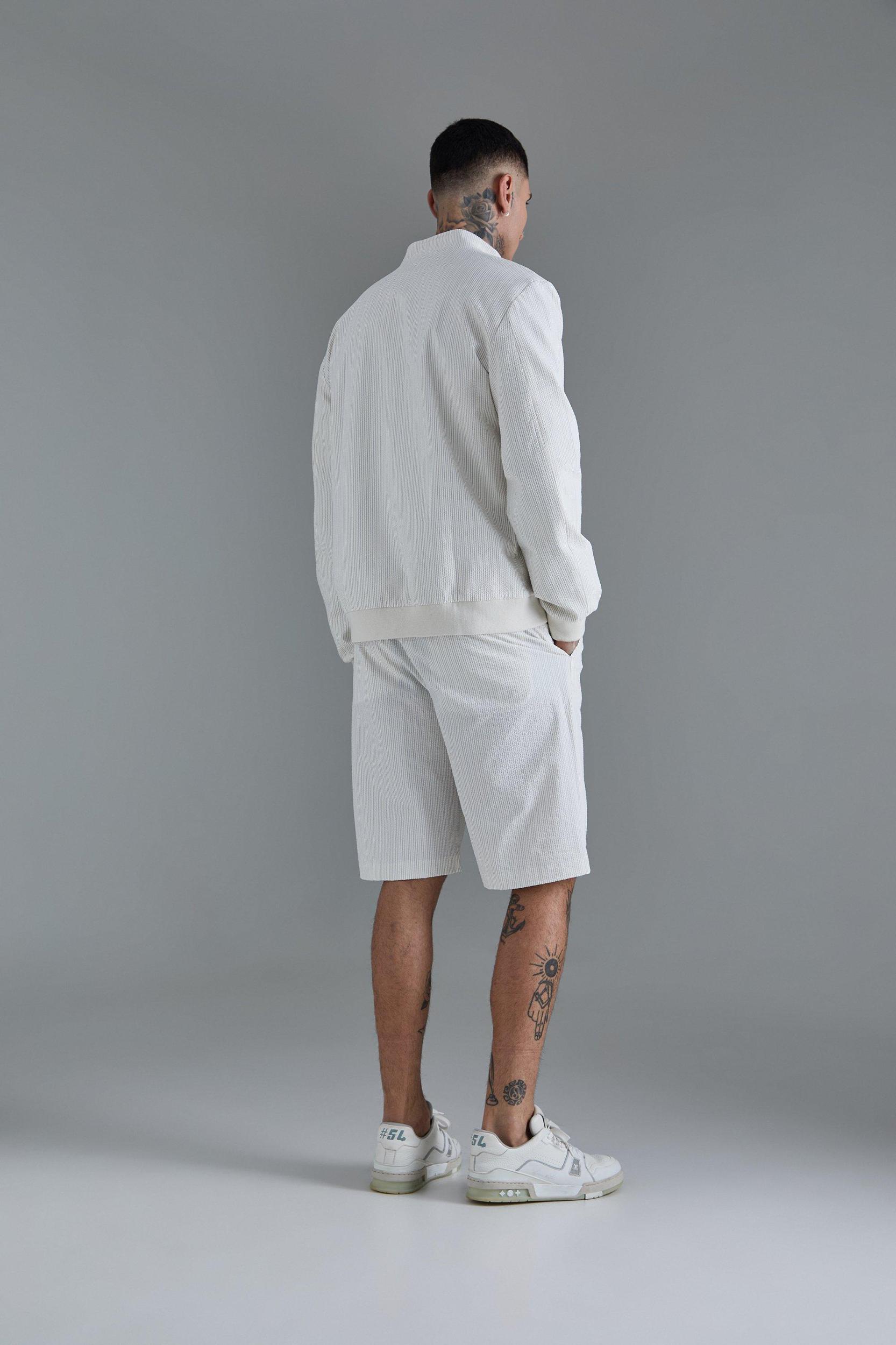 Tall Stripe Seersucker Funnel Neck Smart Jacket | boohooMAN USA Product Image