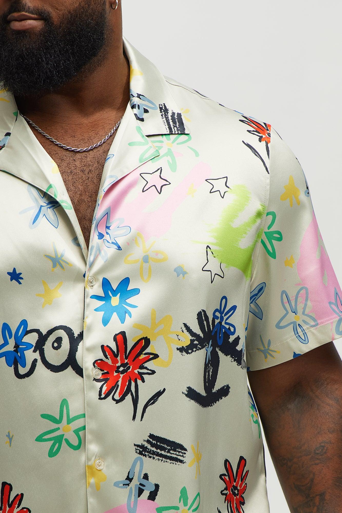 Graffiti Bloom Cuban Collar Button Up Shirt - Multi Color Product Image