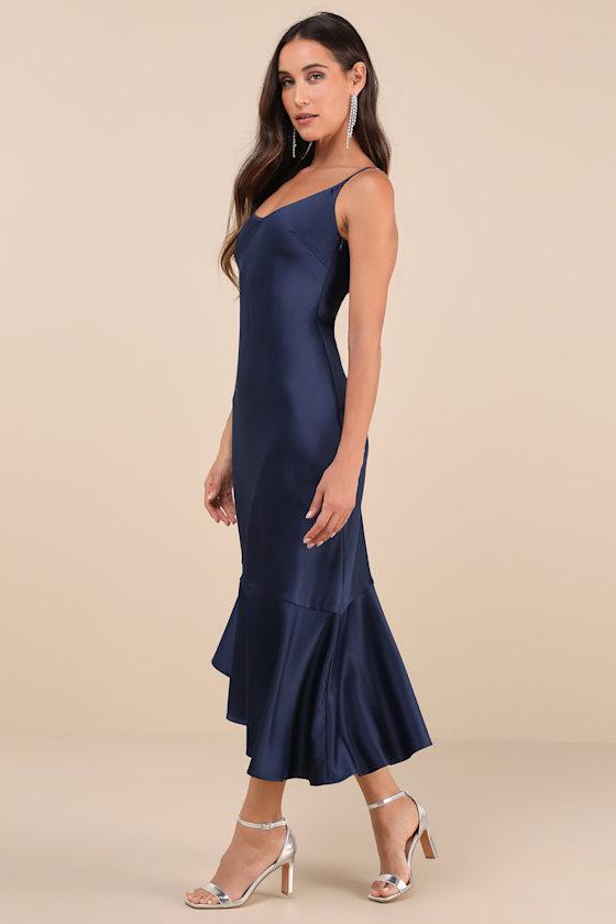 Strictly Romance Navy Satin Asymmetrical Tiered Midi Dress Product Image