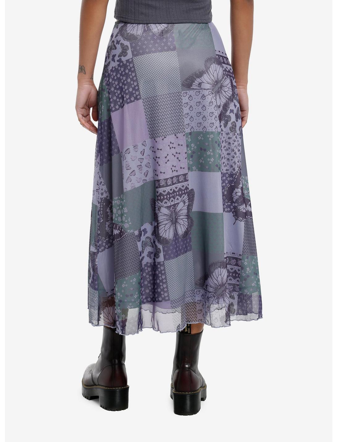 Thorn & Fable Purple & Green Butterfly Patchwork Mesh Midi Skirt Product Image