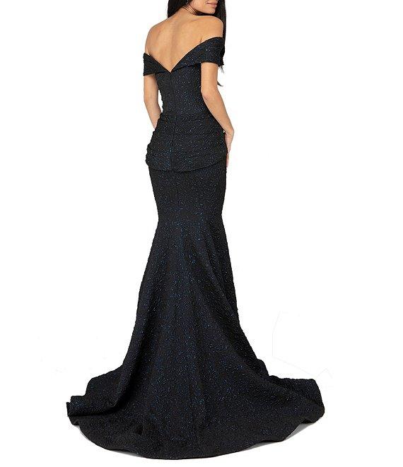 Terani Couture Off-the-Shoulder Short Sleeve Brocade Embellished Belt Mermaid Gown Product Image