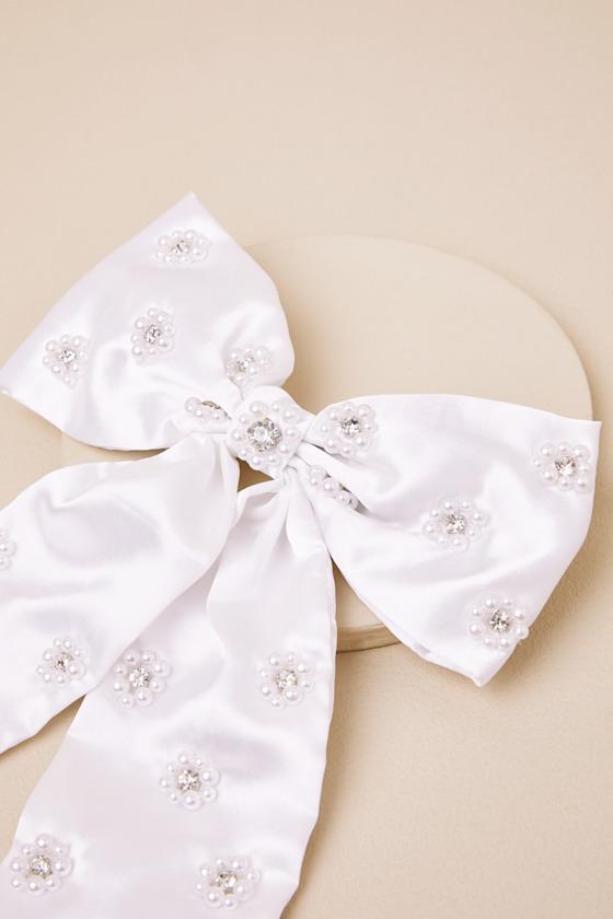 Cynthia White Satin Pearl Bow Hair Clip Product Image