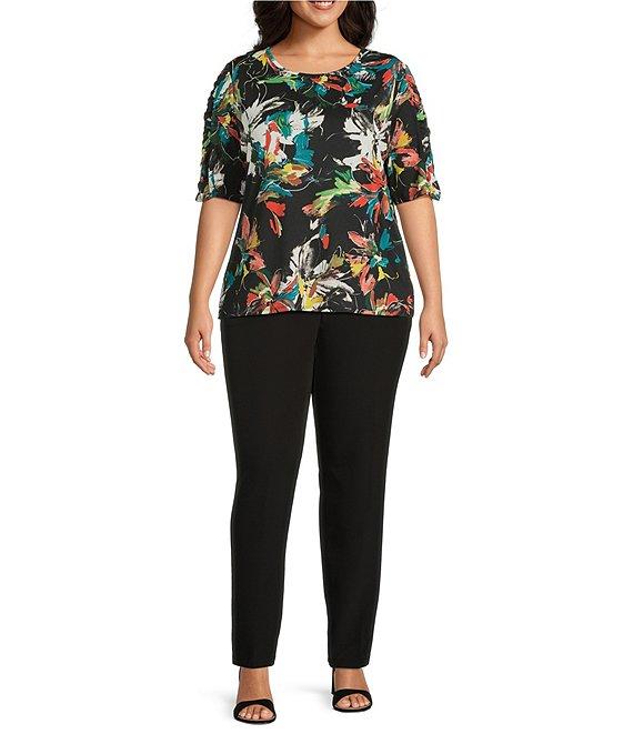 Investments Plus Size Knit Floral Garden Gestures Elbow Length Sleeve Crew Neck Top Product Image