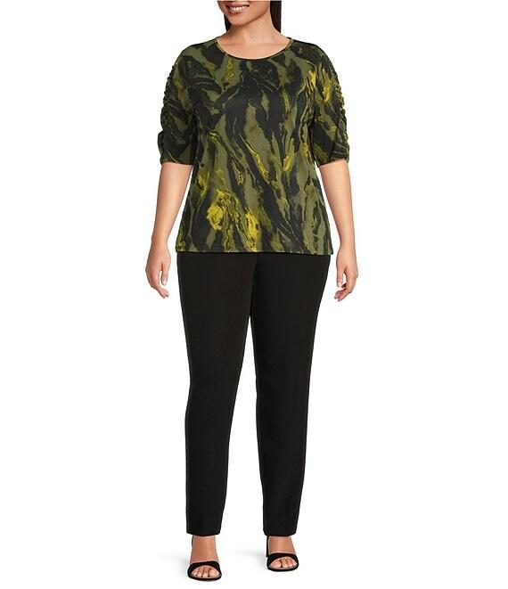 Investments Plus Size Knit Painted Bronze Green Zebra Elbow Length Sleeve Crew Neck Top Product Image