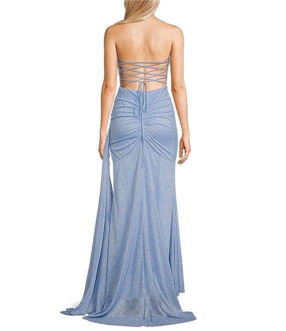 Jump Glitter Strapless Lace Up Back Side Sash Gown Product Image