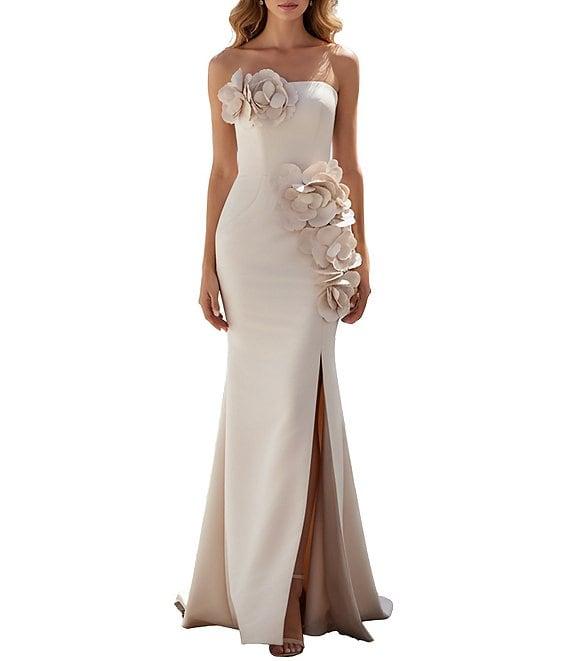 Terani Couture Mikado Strapless Floral Applique Sheath Gown Product Image