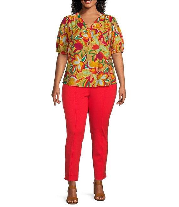 Slim Factor By Investments Plus Size Julia Gold Fusion Multi Paradise Floral Print V-Neck Short Sleeve Top Product Image