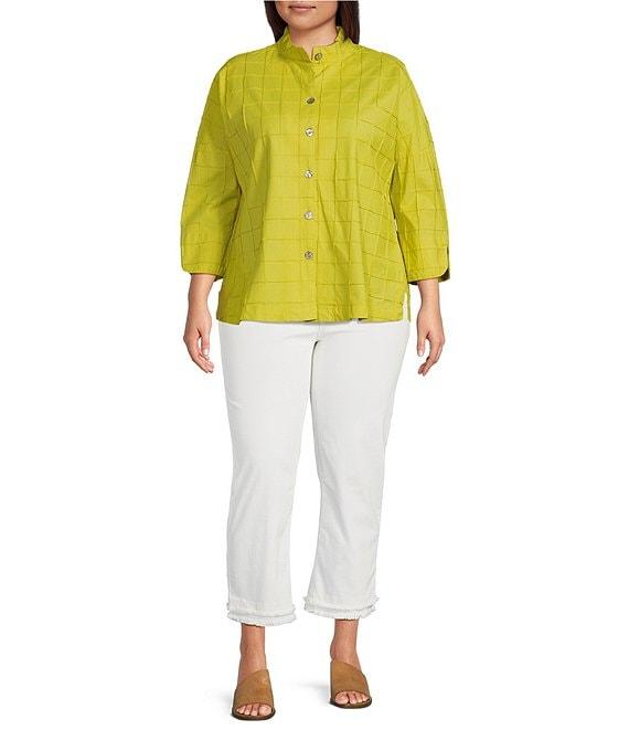Ali Miles Plus Size Solid Allover Textured Square Pattern Soft Point Collar 3/4 Sleeve Button Front Tunic Product Image