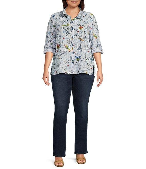 Ali Miles Plus Size Burnout Woven Printed Wire Collar 3/4 Roll-Tab Sleeve Button Front Tunic Product Image