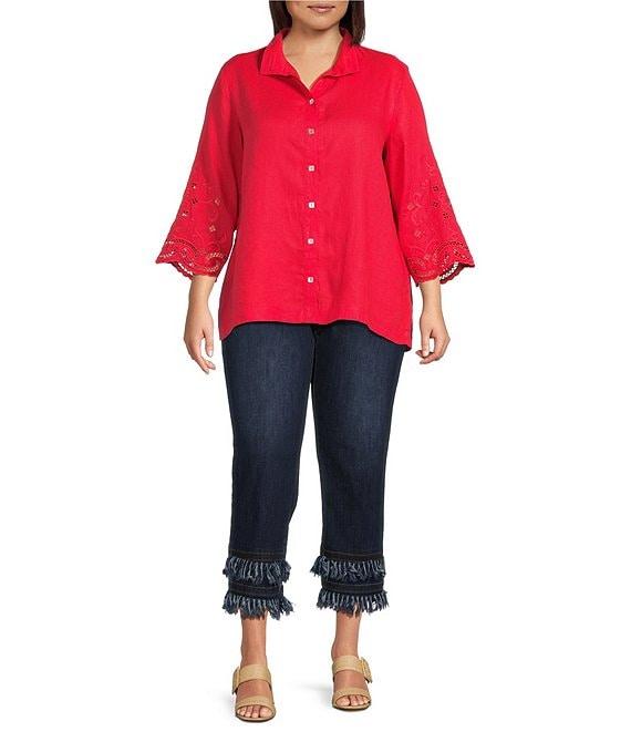 John Mark Plus Size Linen Wire Collar 3/4 Embroidered Eyelet Scallop Sleeve Button Front Shirt Product Image