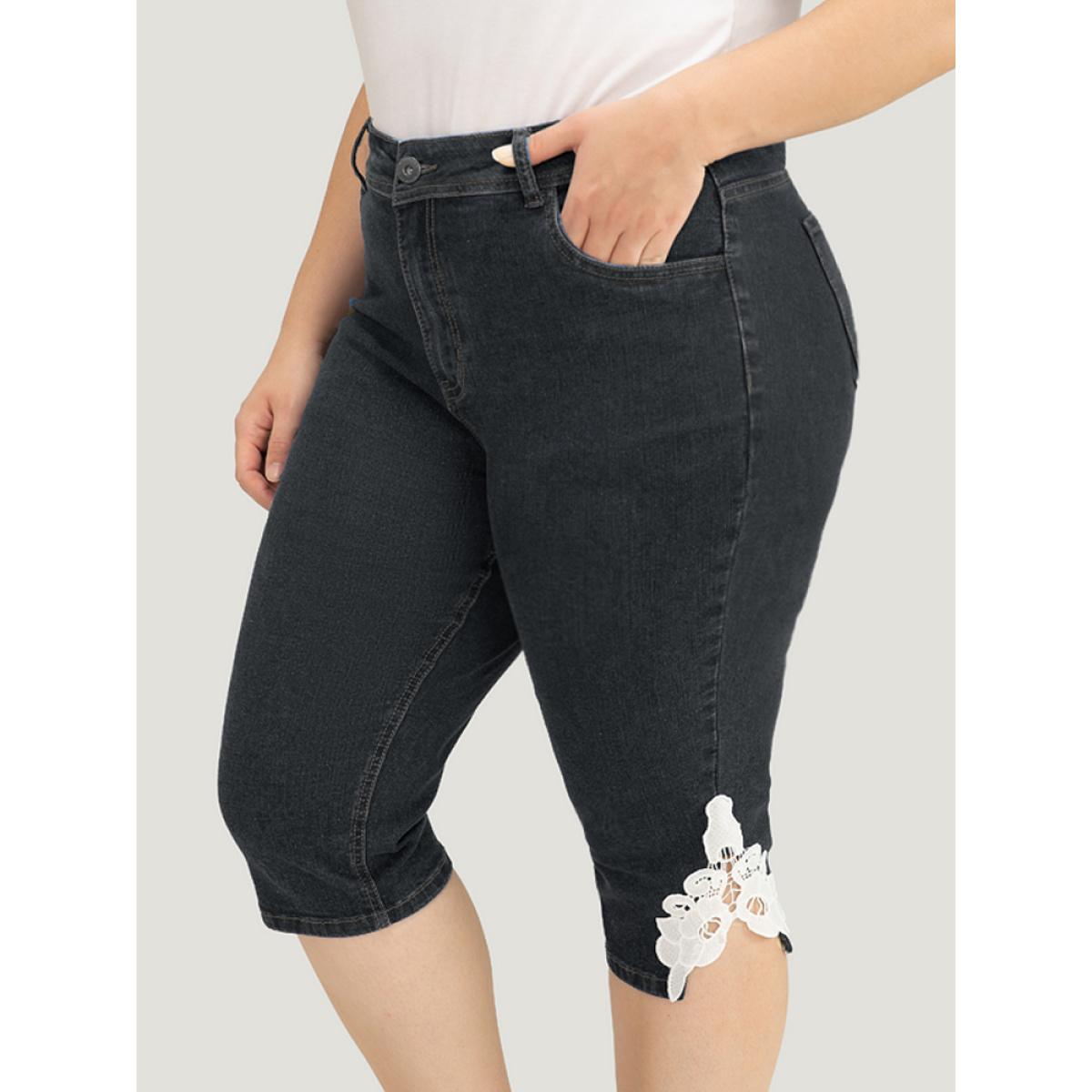 Plus Size Very Stretchy High Rise Medium Wash Guipure Lace Knee Denim Shorts Women DimGray High stretch Everyday Patch pocket Casual Denim Shorts BloomChic 24/3X Product Image