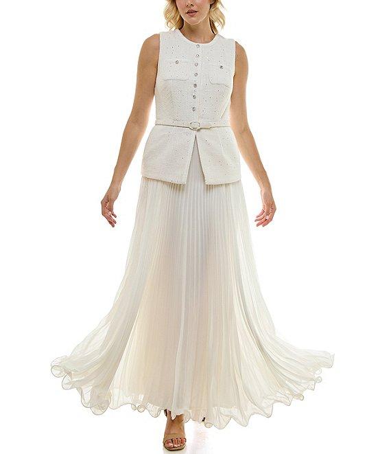 Taylor Knit Boucle Crew Neck Sleeveless Gold Foil Pleated Skinny Belt A-Line Dress Product Image