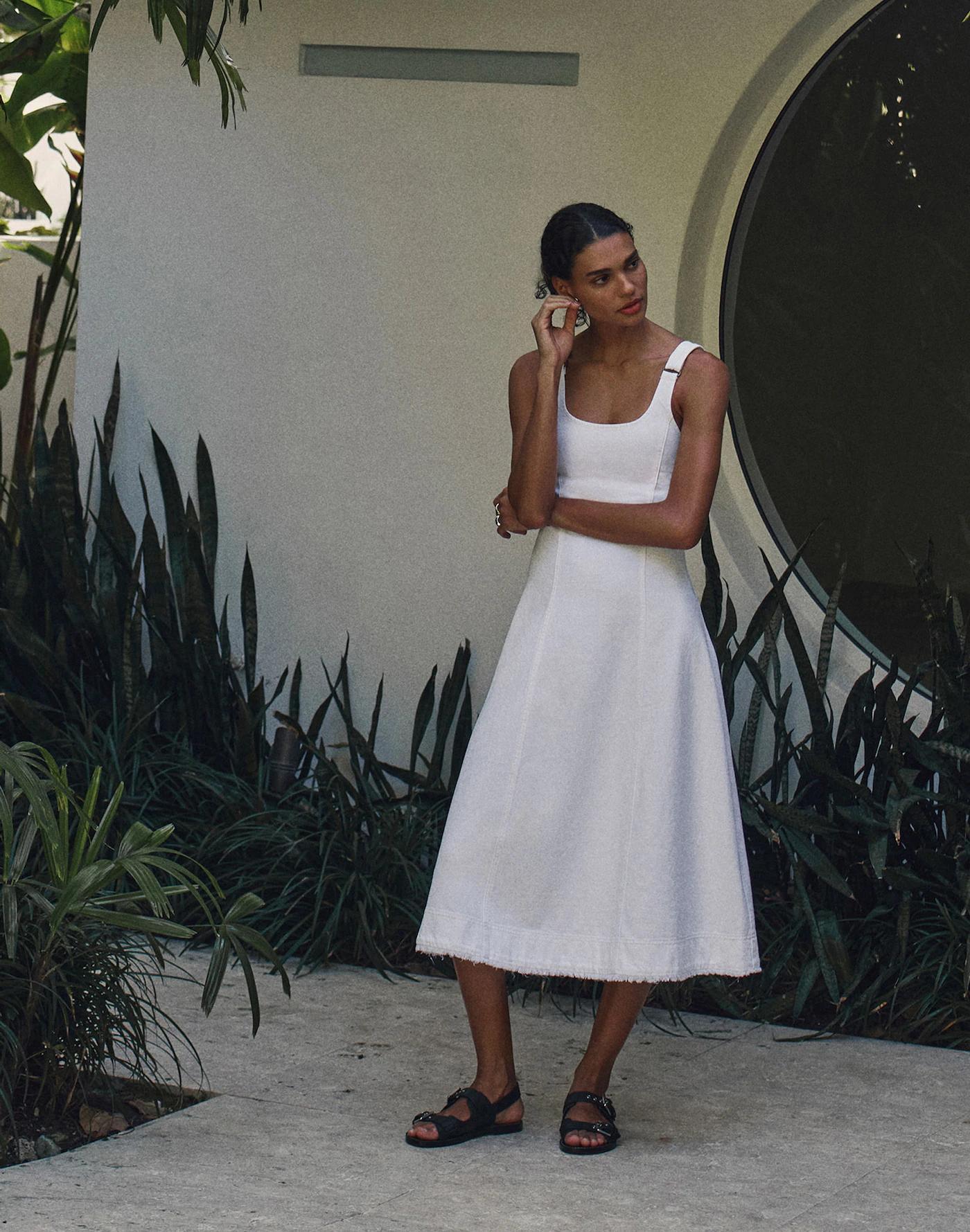 Denim Scoopneck Midi Dress in Pure White Wash Product Image