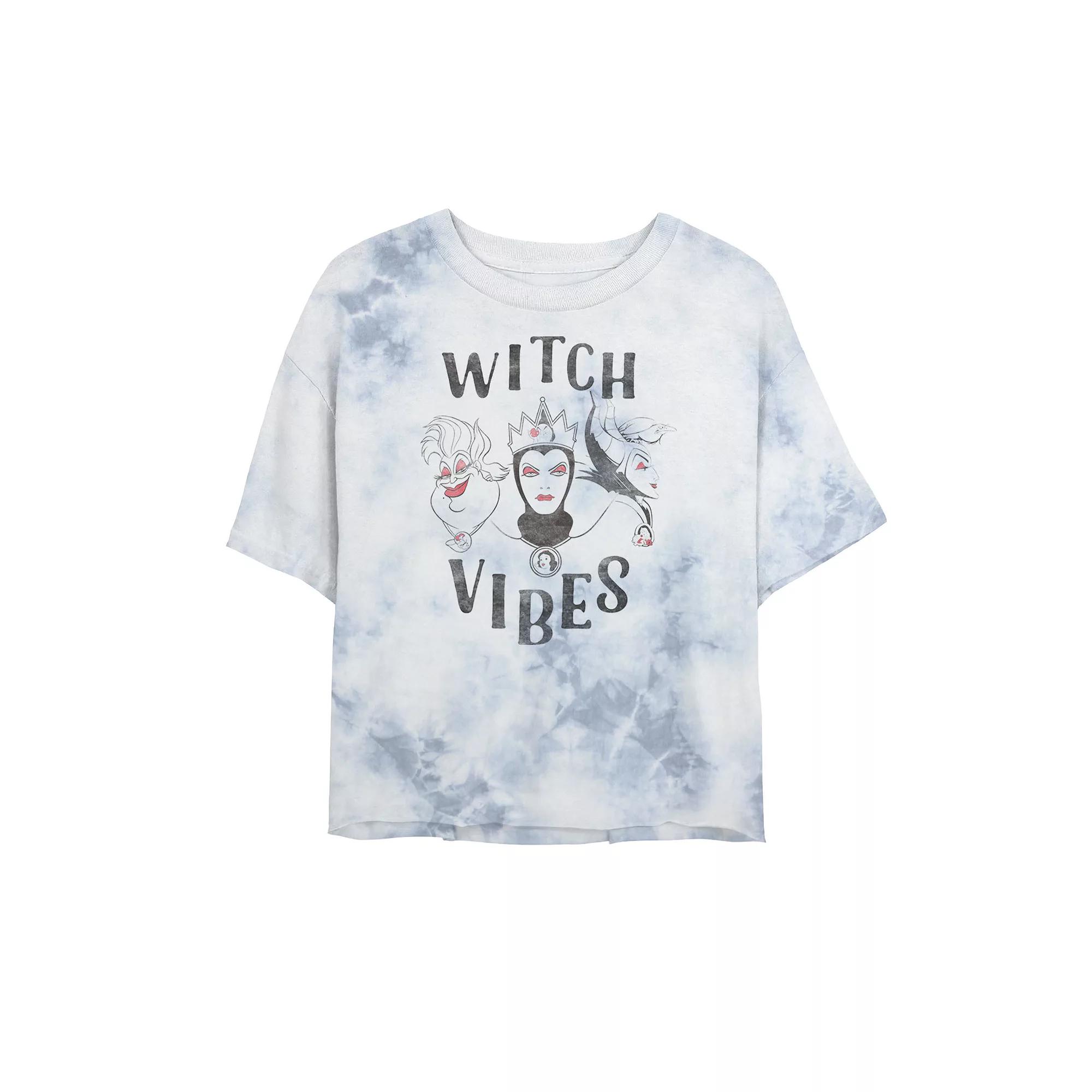 Juniors' Disney Three Evil Villains Witch Vibes Bombard Wash Crop Graphic Tee, Women's, Size: Large, White Blue Product Image
