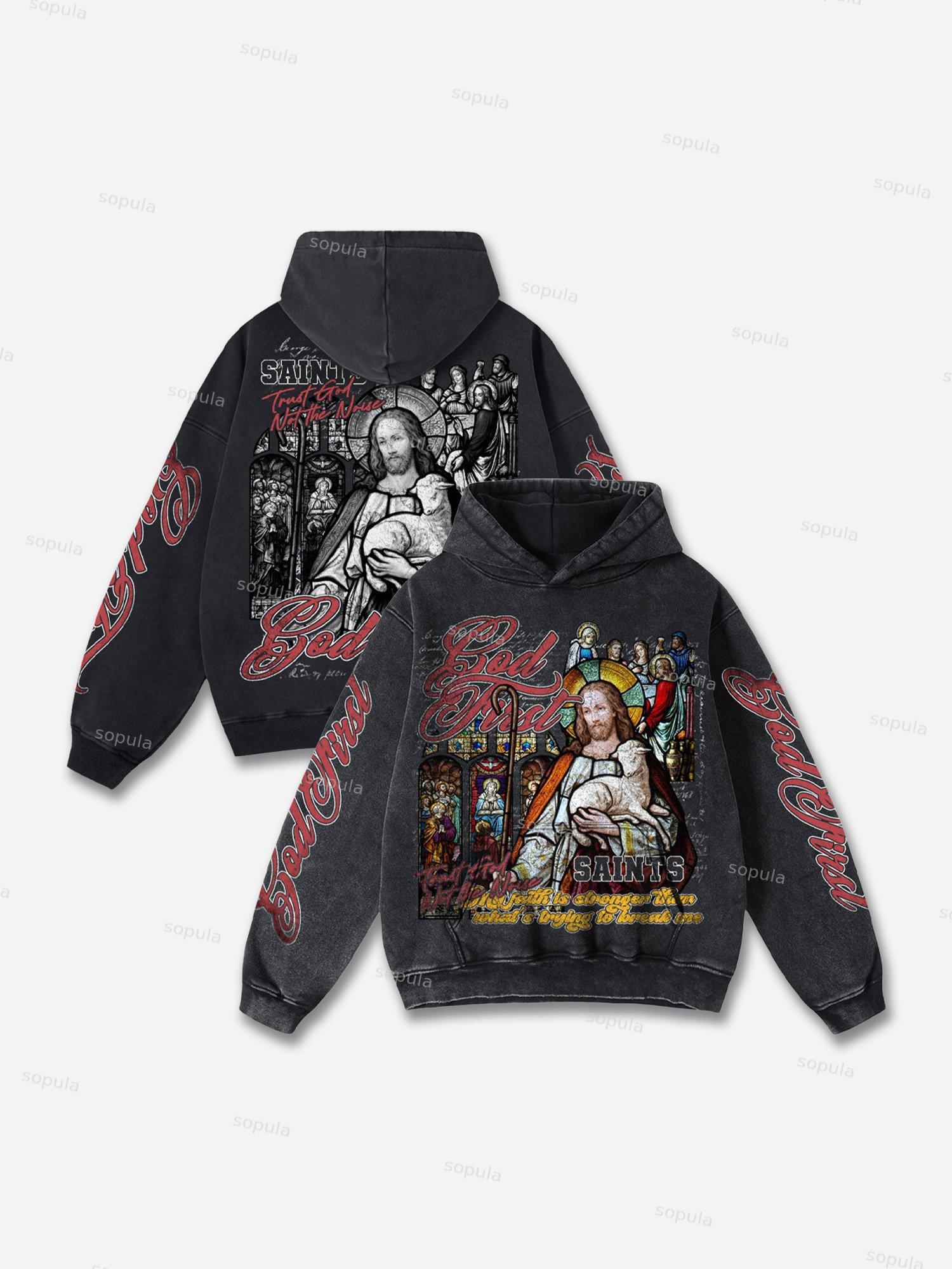 God First Jesus Window Flower Aged Vintage Graphic Acid Wash Hoodie Product Image