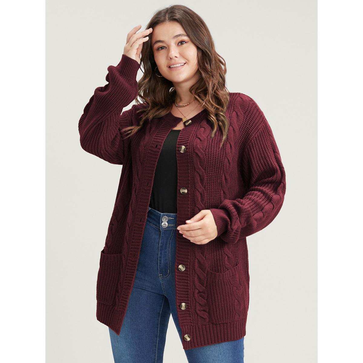 Plus Size Solid Pointelle Knit Cable Knit Button Front Cardigan Rust Women Casual Loose Long Sleeve Work Cardigans BloomChic 14-16/1X Product Image