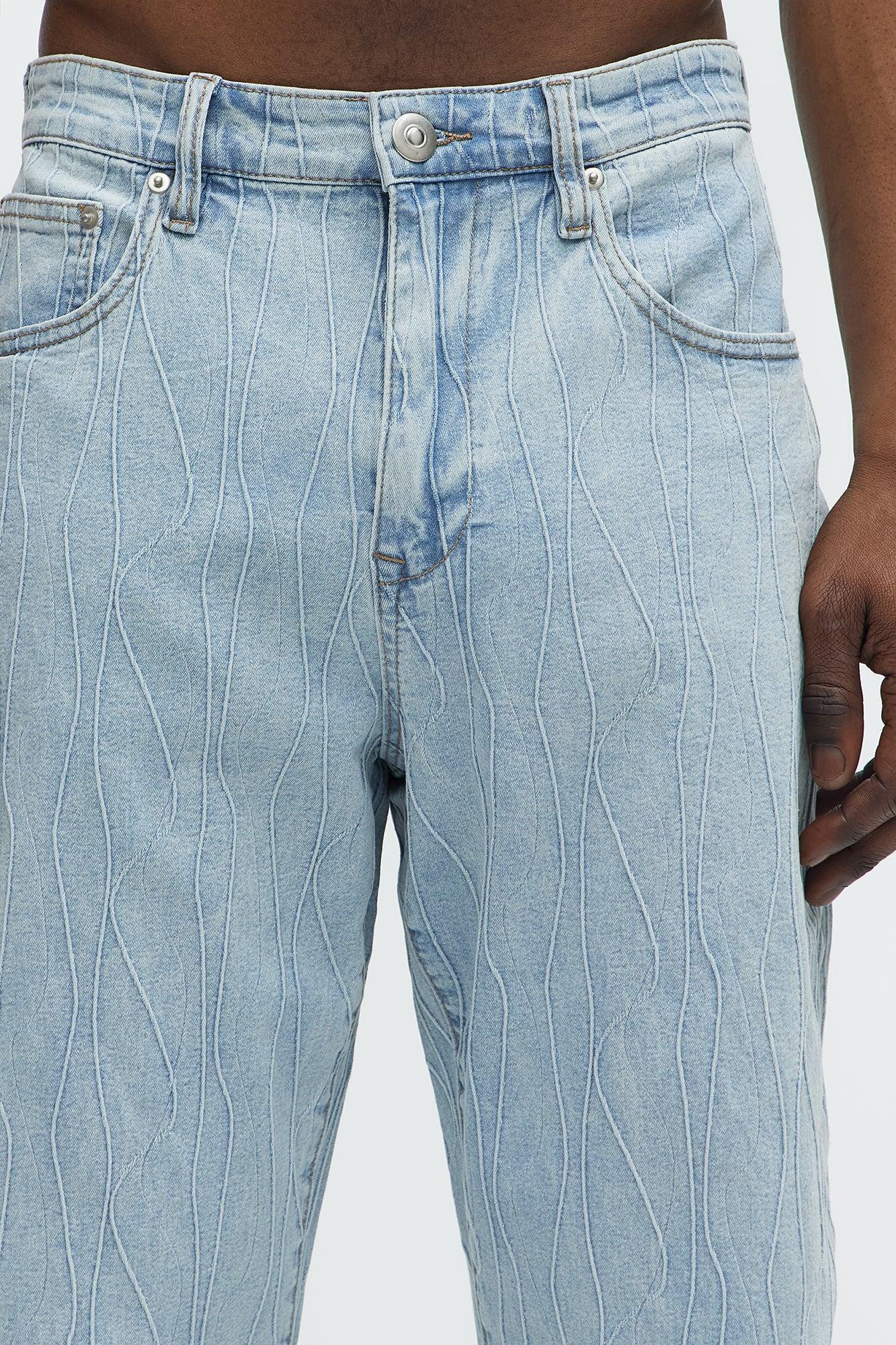 Wavy Jacquard Straight Jeans - Light Blue Wash Product Image