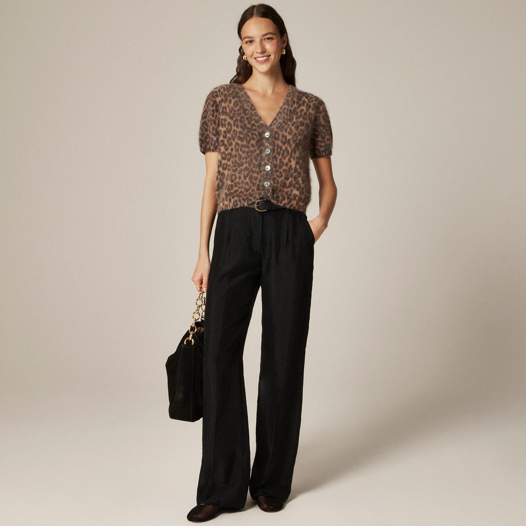 Brushed cashmere short-sleeve cardigan in leopard print Product Image