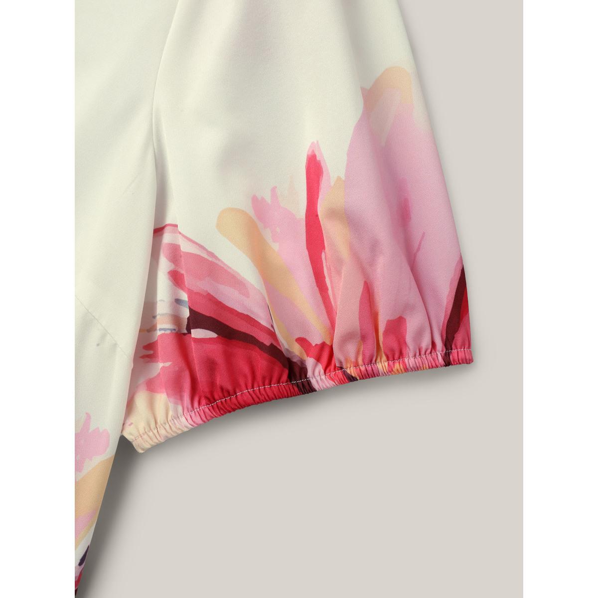 Plus Size Multicolor Floral Paradise Notched Collar Button Blouse Women Half Sleeve Notched collar Everyday-Elegant Blouses BloomChic 12/L Product Image