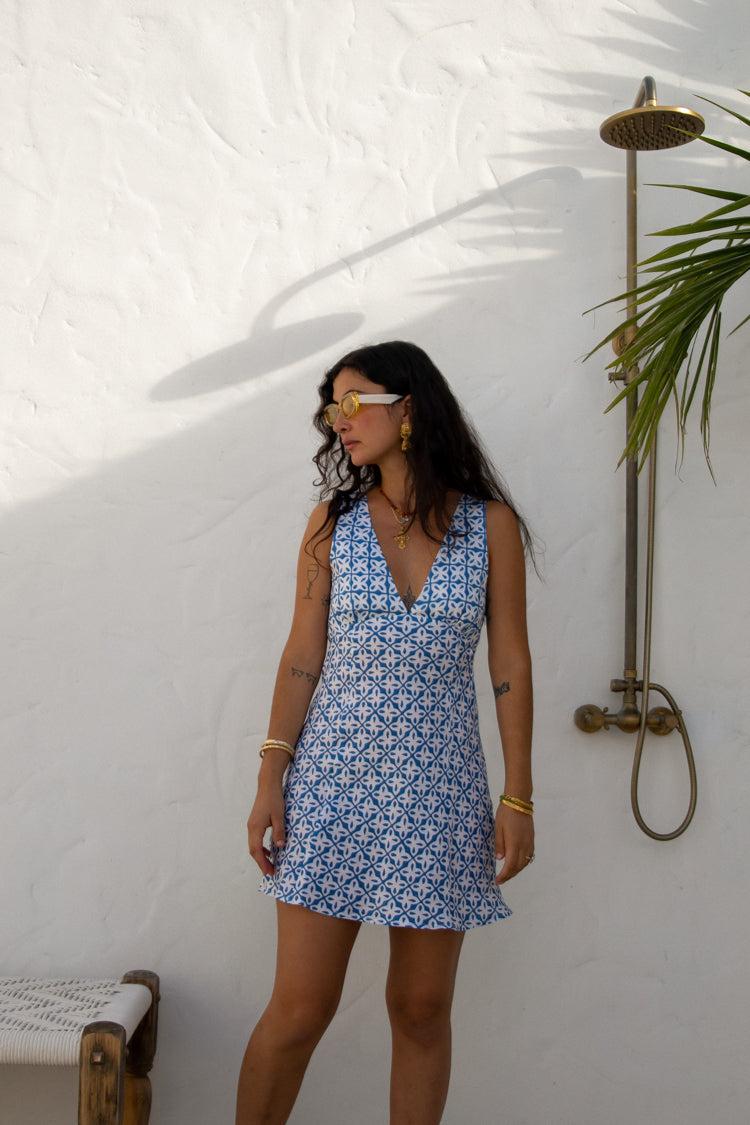 Sun Seeker Bias Cut Linen Mini Dress Blue Product Image