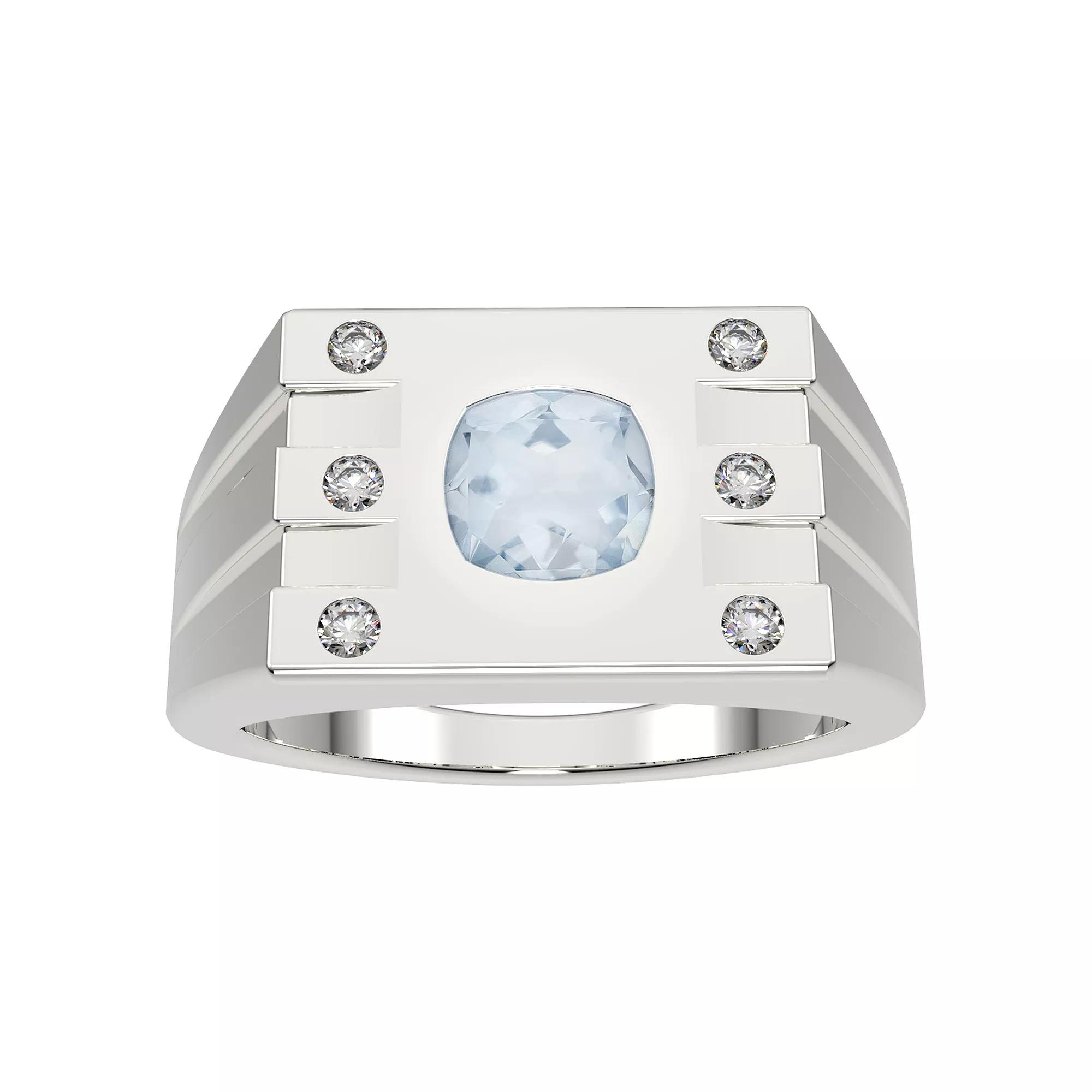 Men's Sterling Silver Aquamarine & Diamond Accent Ring, Size: 10.50 Product Image