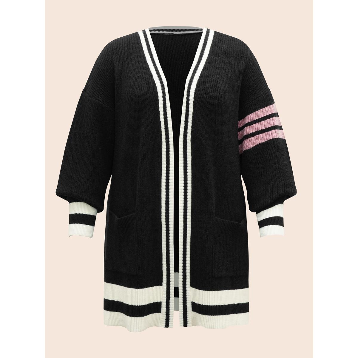 Plus Size Contrast Striped Drop Shoulder Cardigan Black Women Casual Loose Long Sleeve Everyday Cardigans BloomChic 10/M Product Image