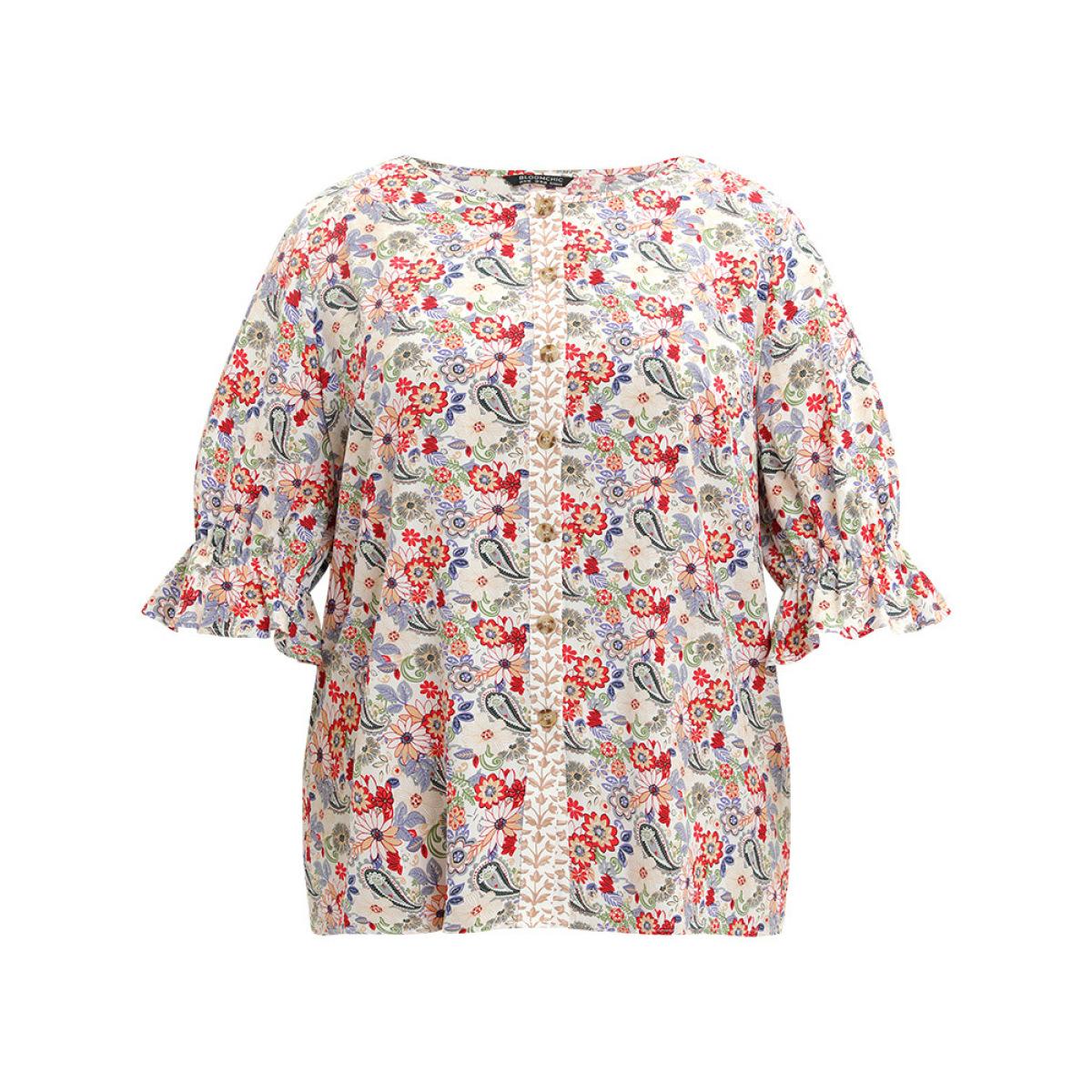 Plus Size Multicolor Floral & Paisley Graphic Button Up Lantern Sleeve Blouse Women Vacation Half Sleeve Round Neck Dailywear Blouses BloomChic 14-16/1X Product Image