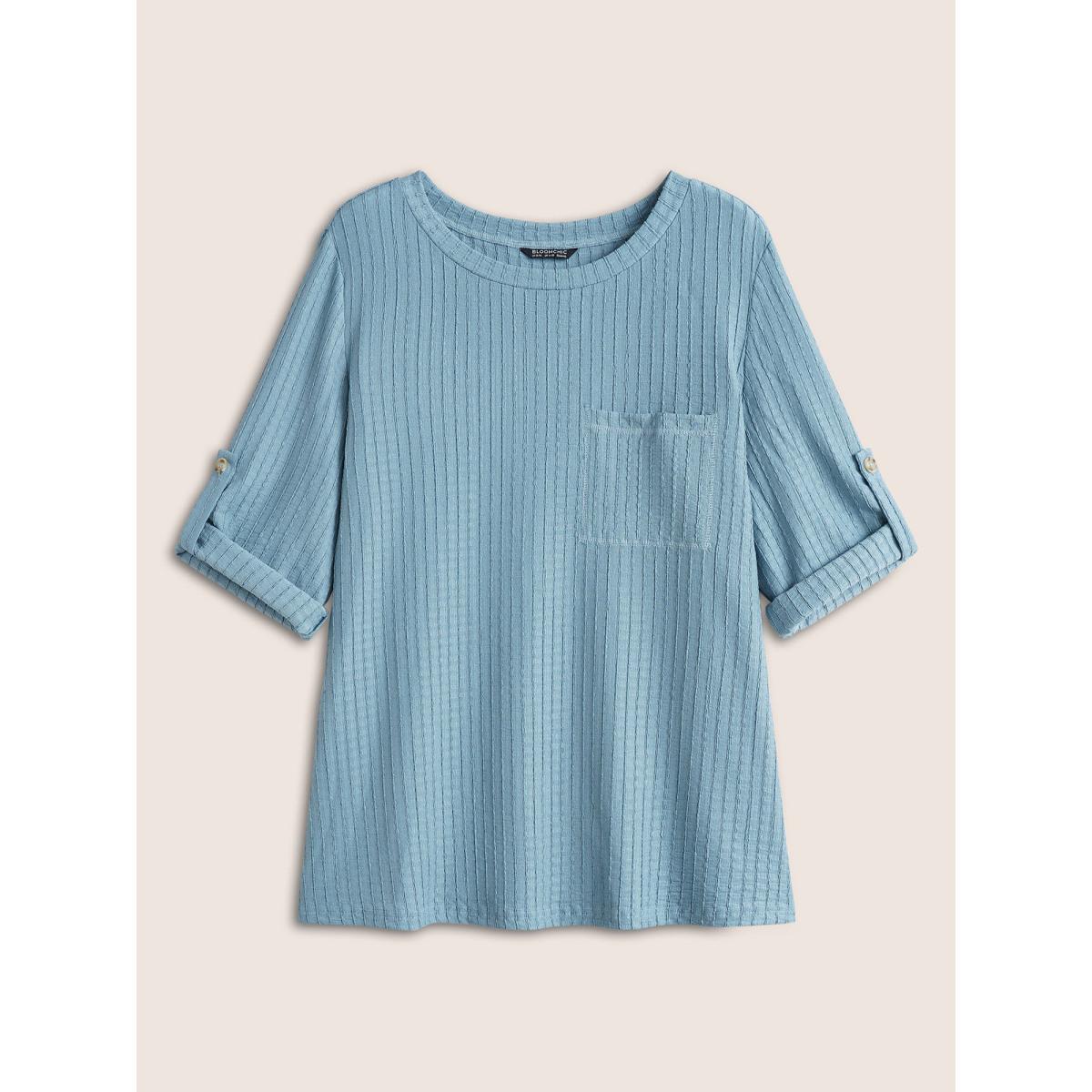 Plus Size Plain Textured Patched Pocket Tab Sleeve T-shirt Stone Women Casual Non Plain Round Neck Everyday T-shirts BloomChic 22-24/3X Product Image