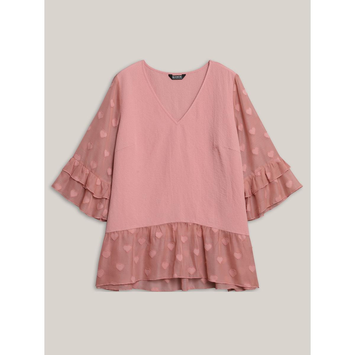 Plus Size Rouge Love Textured Patchwork Sheer Tiered Ruffles Blouse Women Elegant Elbow-length sleeve V-neck Everyday Blouses BloomChic 14-16/1X Product Image