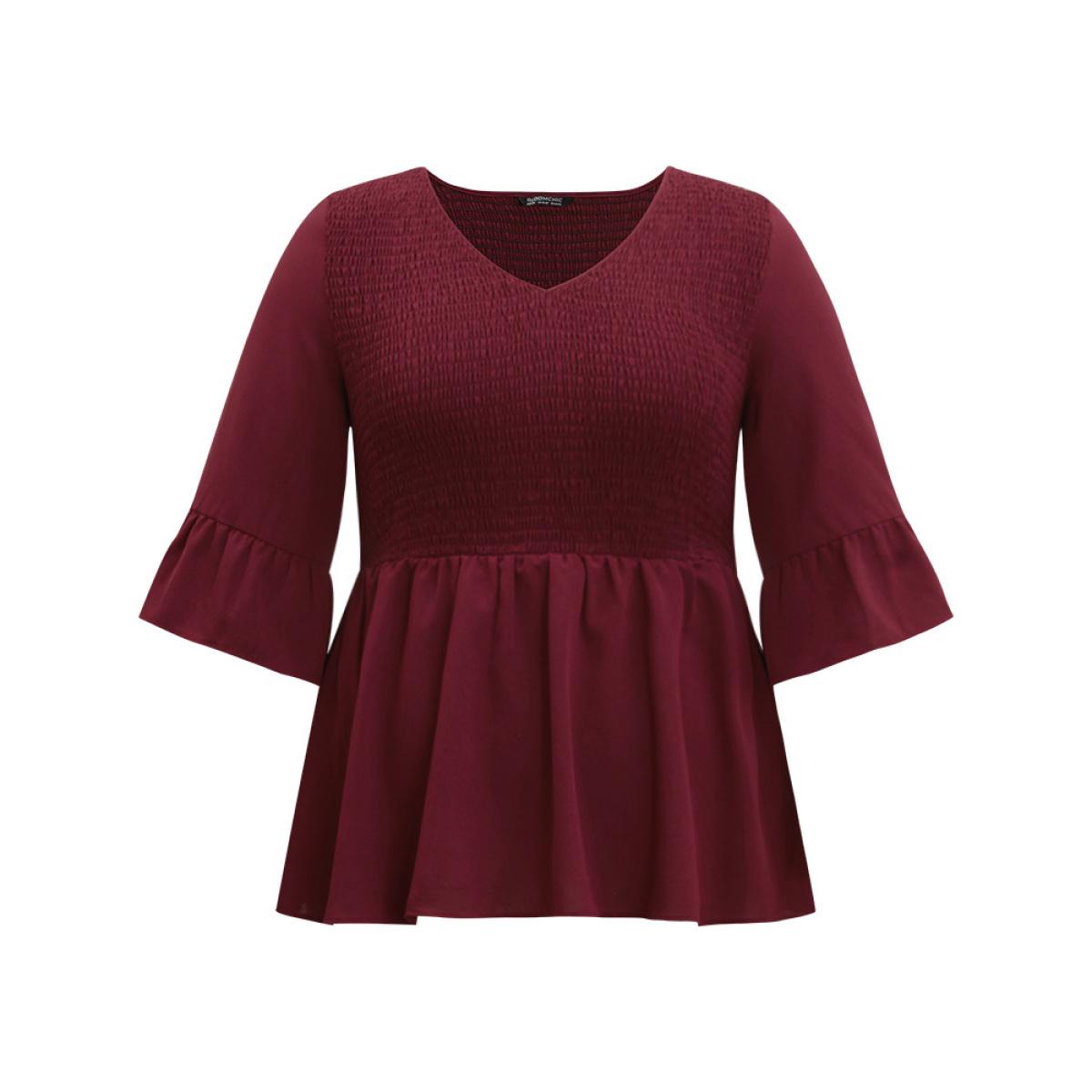 Plus Size Scarlet Plain Shirred Patchwork Ruffle Trim V Neck Blouse Women Elegant Half Sleeve V-neck Dailywear Blouses BloomChic 22-24/3X Product Image