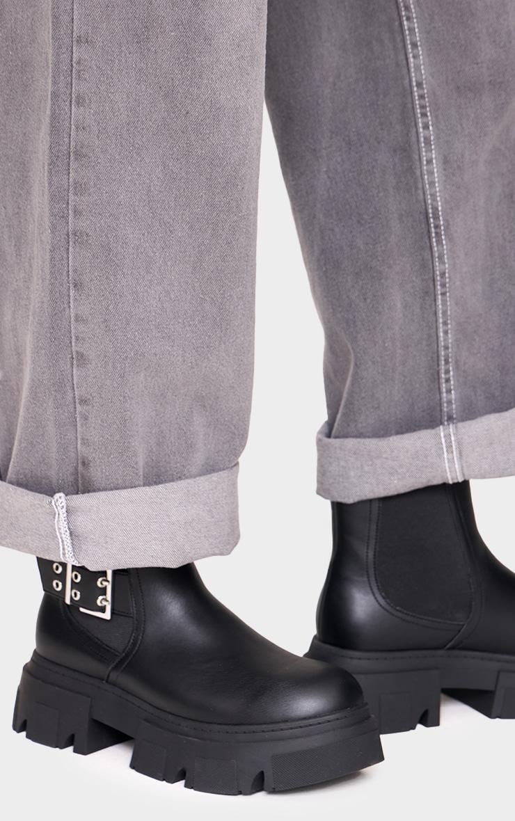 Black PU Round Toe Silver Buckle Chunky Sole Ankle Boots Product Image
