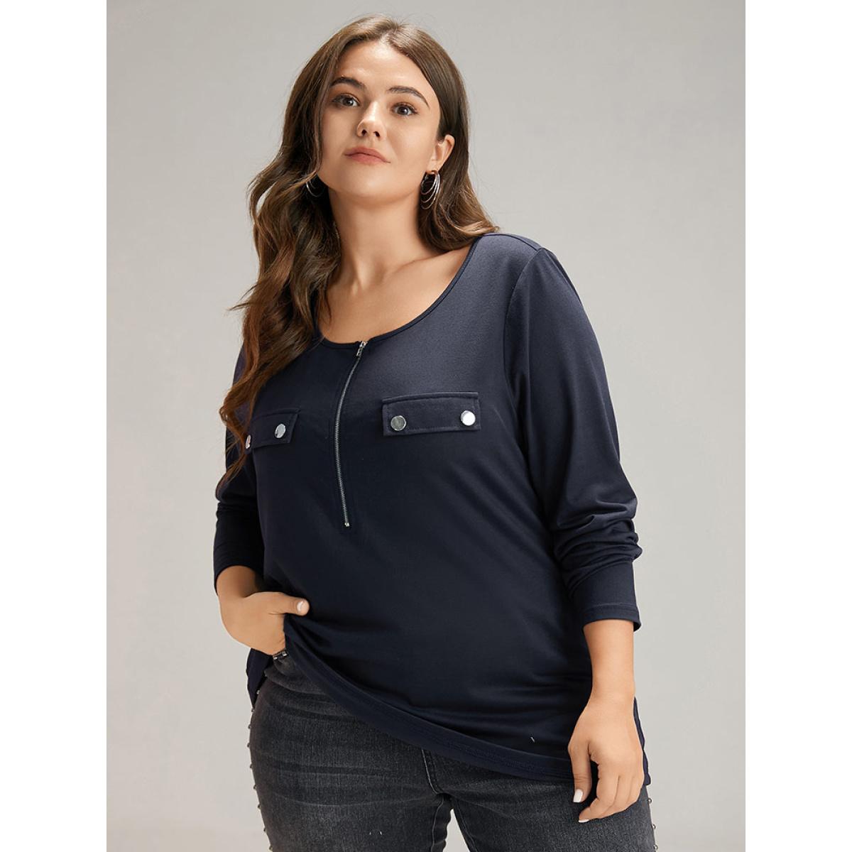 Plus Size Plain Half Zip Button Detail T-shirt Midnight Women Casual Plain Plain Open Front Everyday T-shirts BloomChic 14-16/1X Product Image