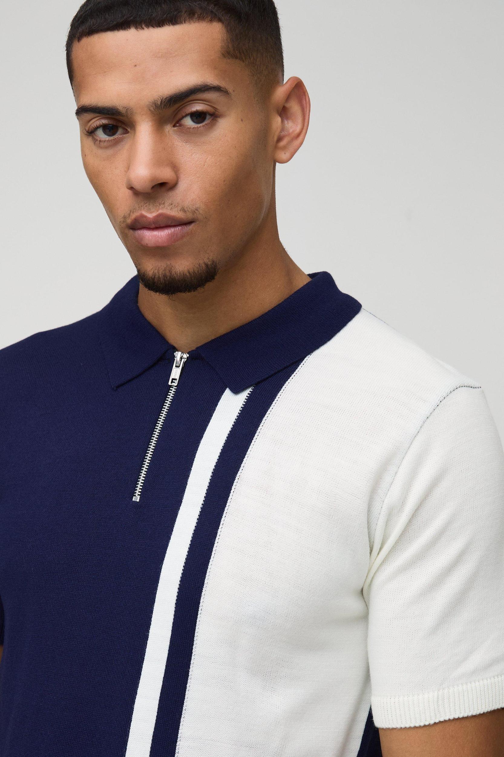 Stripe Colour Block Knitted Polo | boohooMAN USA Product Image