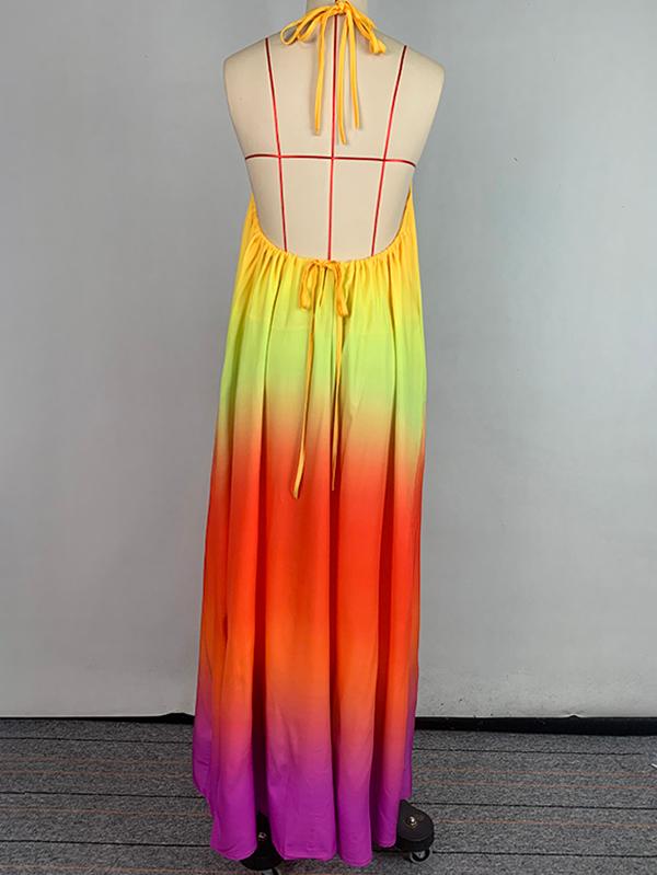 Loose Sleeveless Backless Contrast Color Pleated Split-Joint Tied Spaghetti-Neck Maxi Dresses Product Image