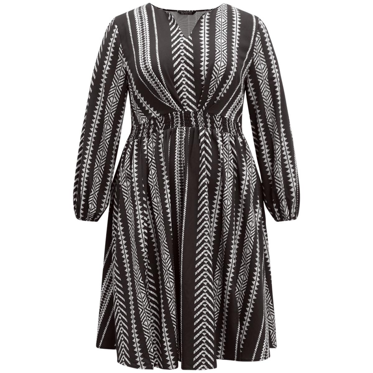 Plus Size Striped Boho Print Shirred Split Hem Dress Black Women Resort Elastic cuffs Notched collar Long Sleeve Curvy Midi Dress BloomChic 10/M Product Image